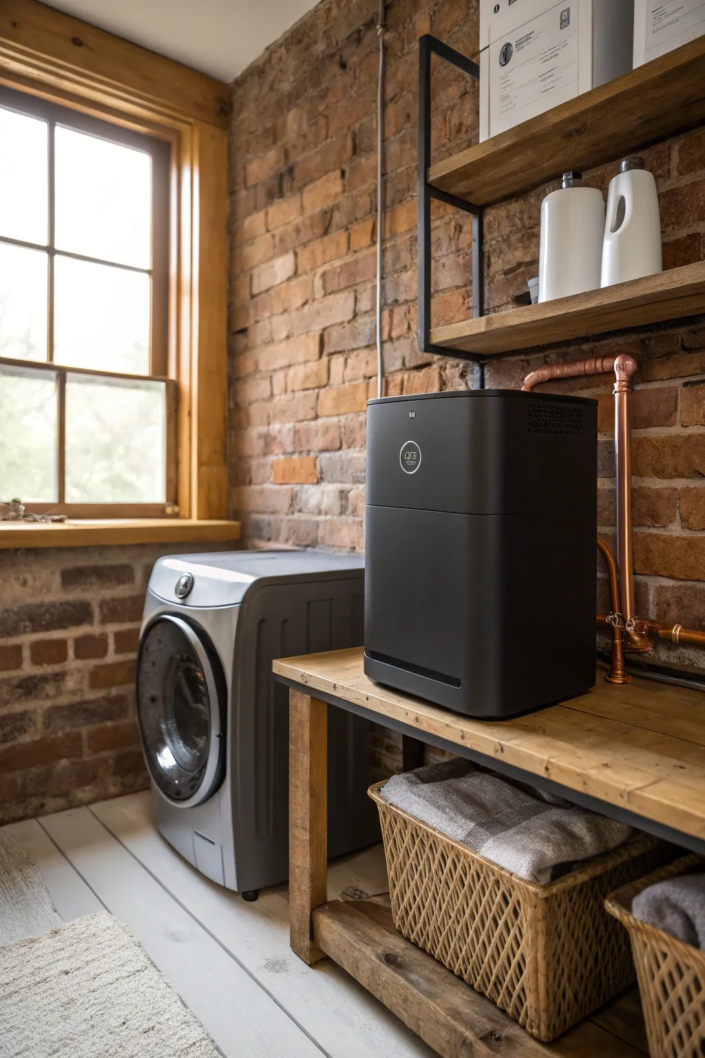 Effortless Efficiency: Let gravity work wonders in your space with a stylish dehumidifier setup.
