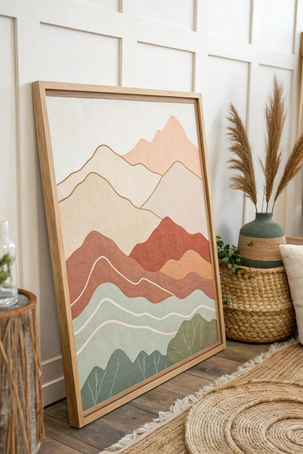 Embrace the serene beauty of minimalist mountain ranges with earthy hues and effortless elegance.