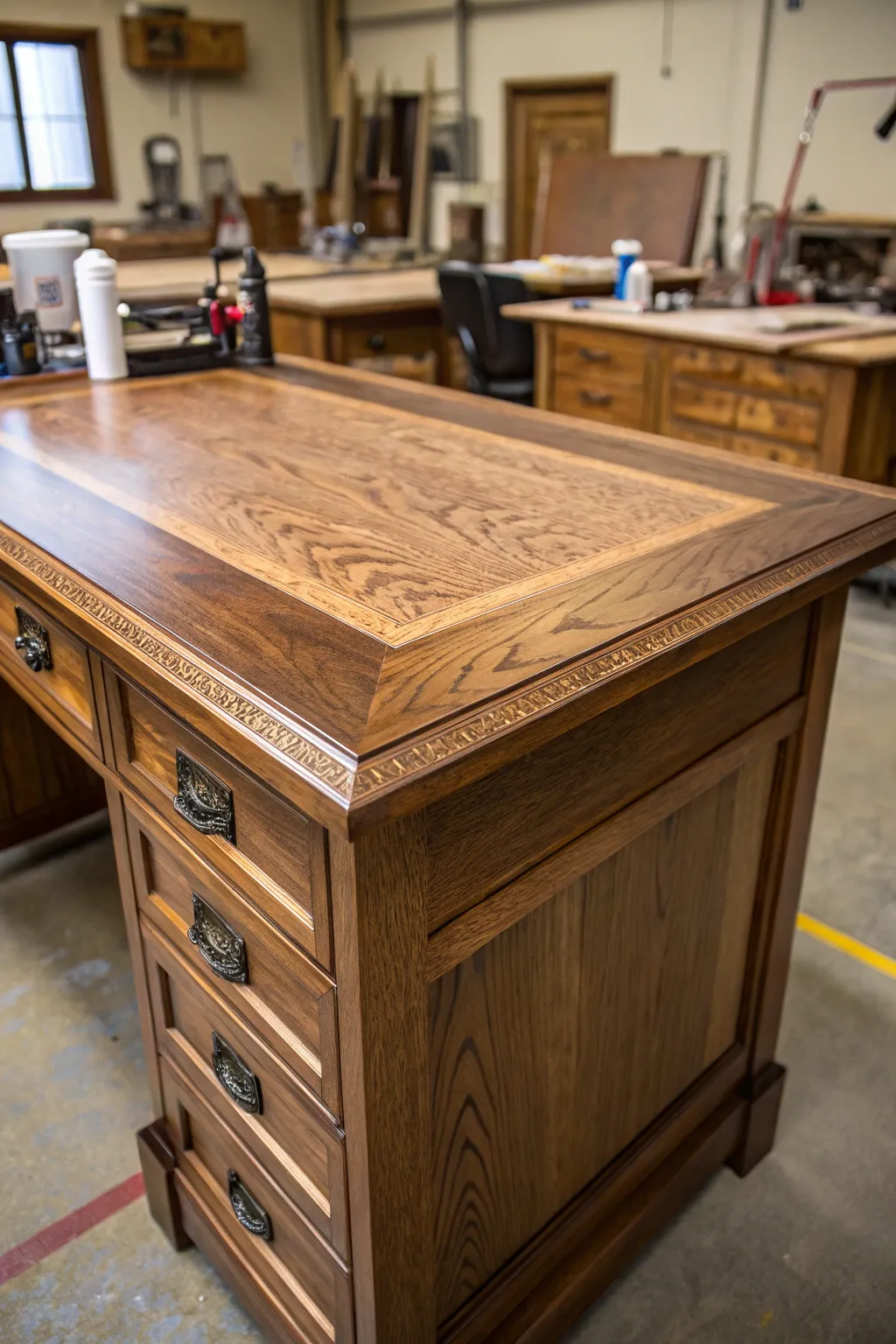 Unveil the hidden gem: Transform your desk with a touch of stained wood elegance.