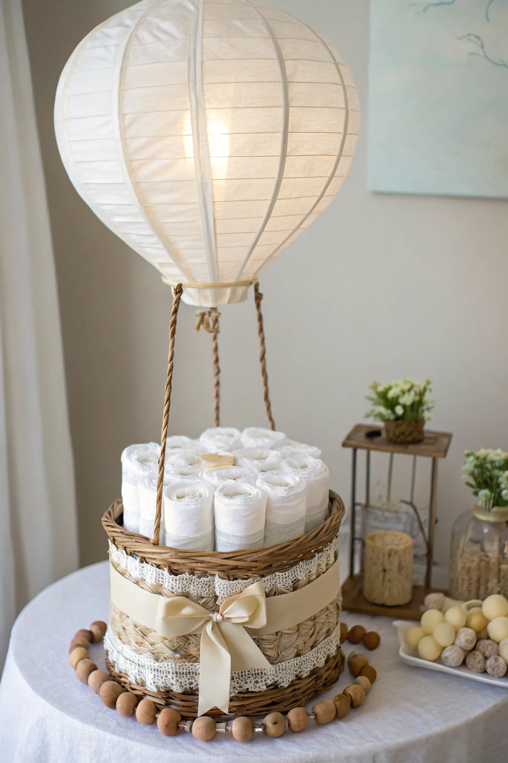 Soar to new heights of creativity with this enchanting hot air balloon diaper cake! 🎈✨