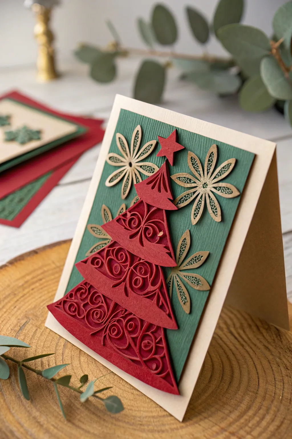 Layered Elegance: Discover the beauty of die-cut craftsmanship in festive reds and greens.
