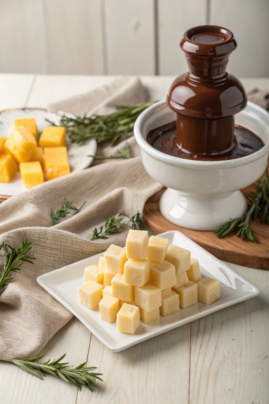 Discover the irresistible blend of savory and sweet: cheese cubes meet chocolate magic in a minimalist delight. 🍫🧀