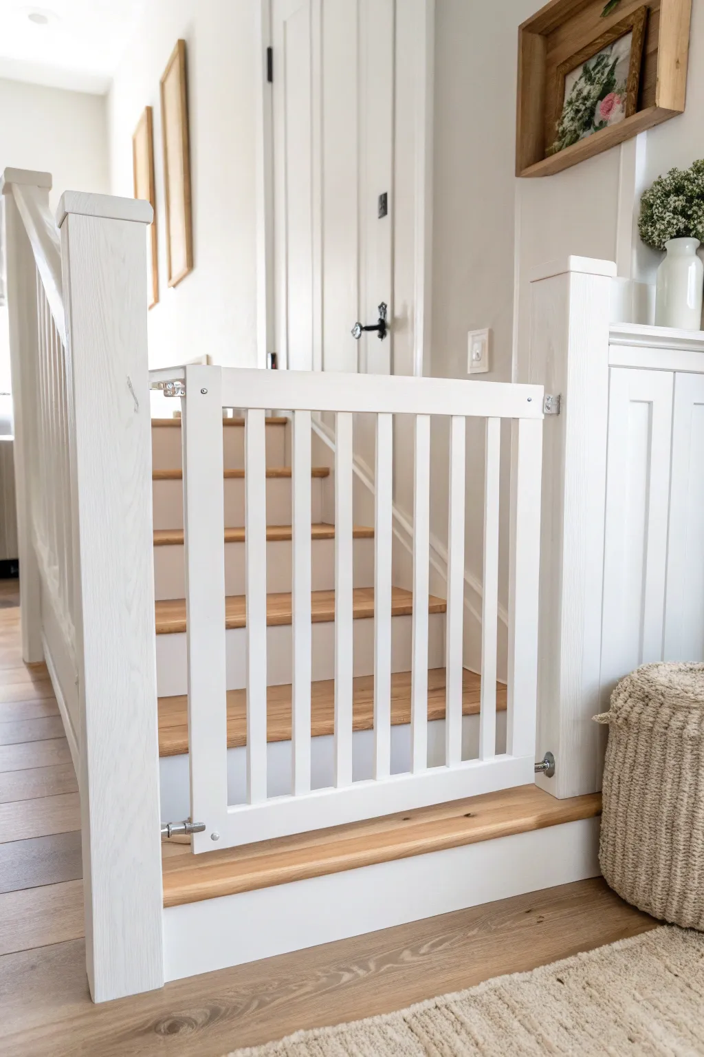 Transform your space with this classic white baby gate, where simplicity meets elegance.
