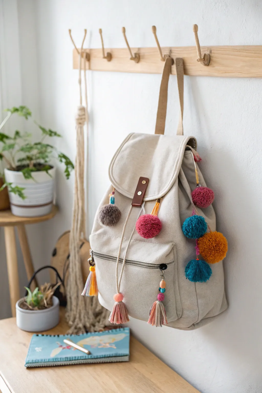 Brighten your backpack with playful pom-poms and tassels for a touch of festival fun!