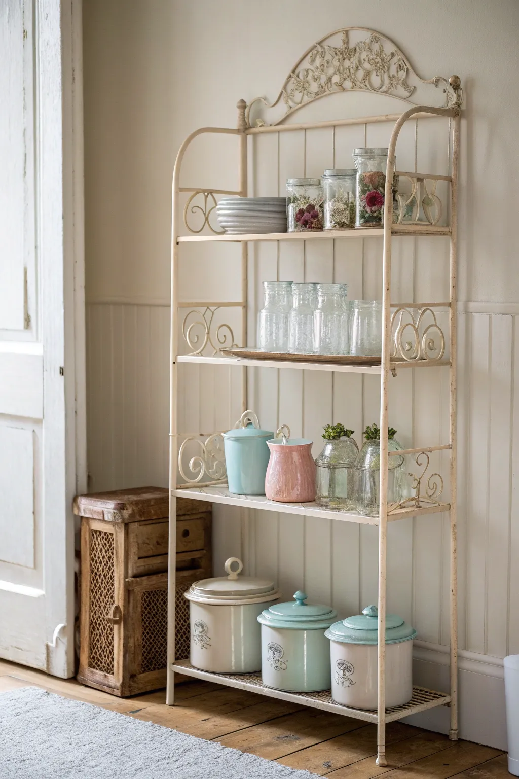 Embrace nostalgia with a beautifully styled baker's rack that combines vintage charm with minimalist elegance.