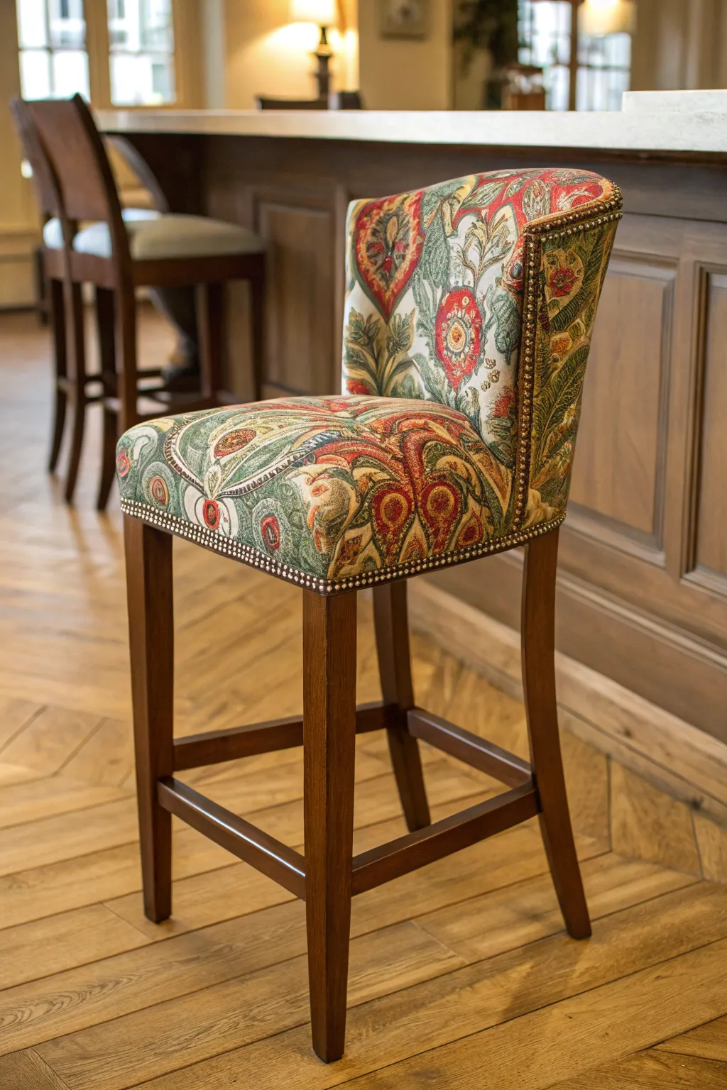 Elevate your space with the elegance of a handcrafted upholstered barstool.