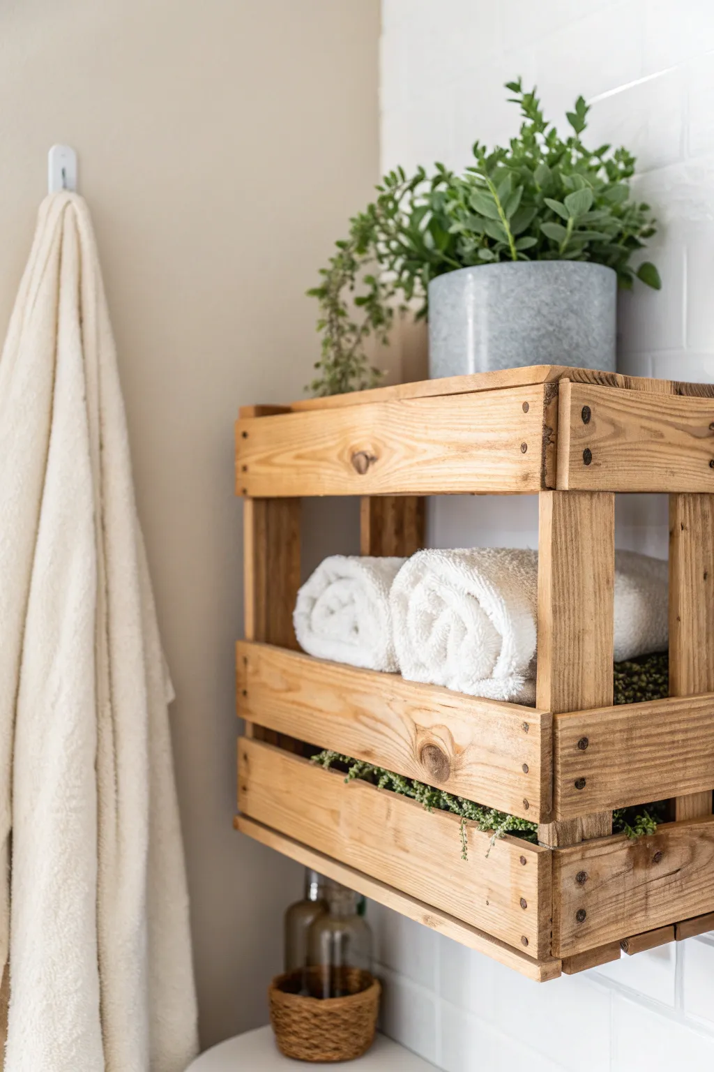Transform your space with rustic charm and functional elegance by upcycling old crates into stylish bathroom shelves.