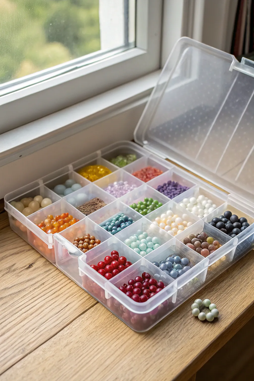 Discover the beauty of organization with these clear plastic boxes—your beads, always in sight and perfectly arranged.