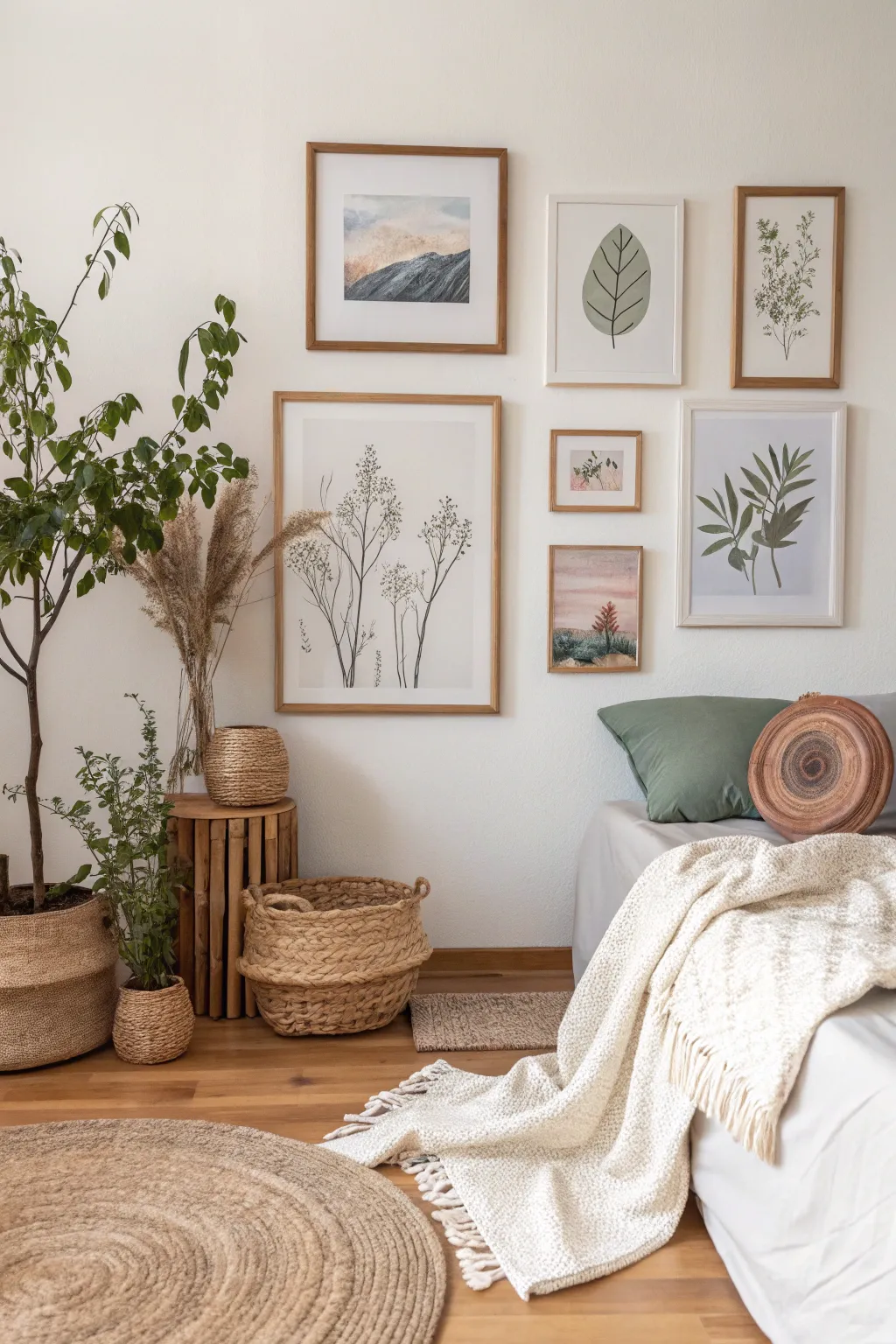 Transform your bedroom into a serene sanctuary with a personalized wall art gallery. Embrace simplicity and natural beauty with a touch of Boho elegance.