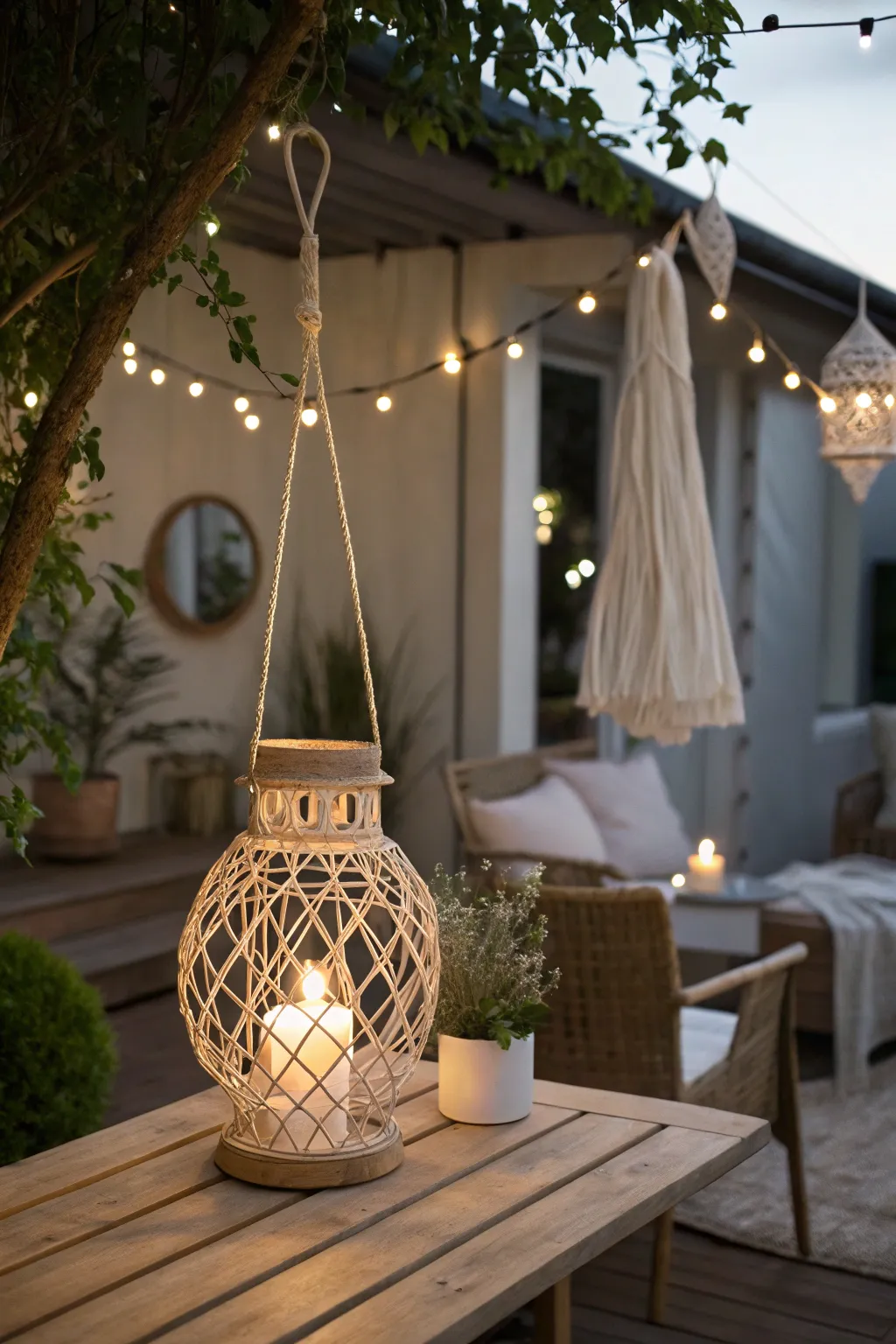 Illuminate your backyard with the warm glow of boho-style lanterns for a magical evening ambiance.