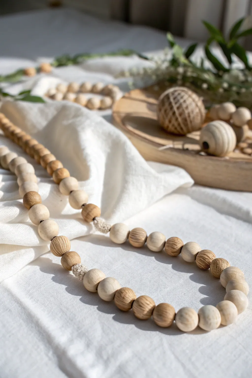 Elevate your table with the simple elegance of a handcrafted wooden bead garland.