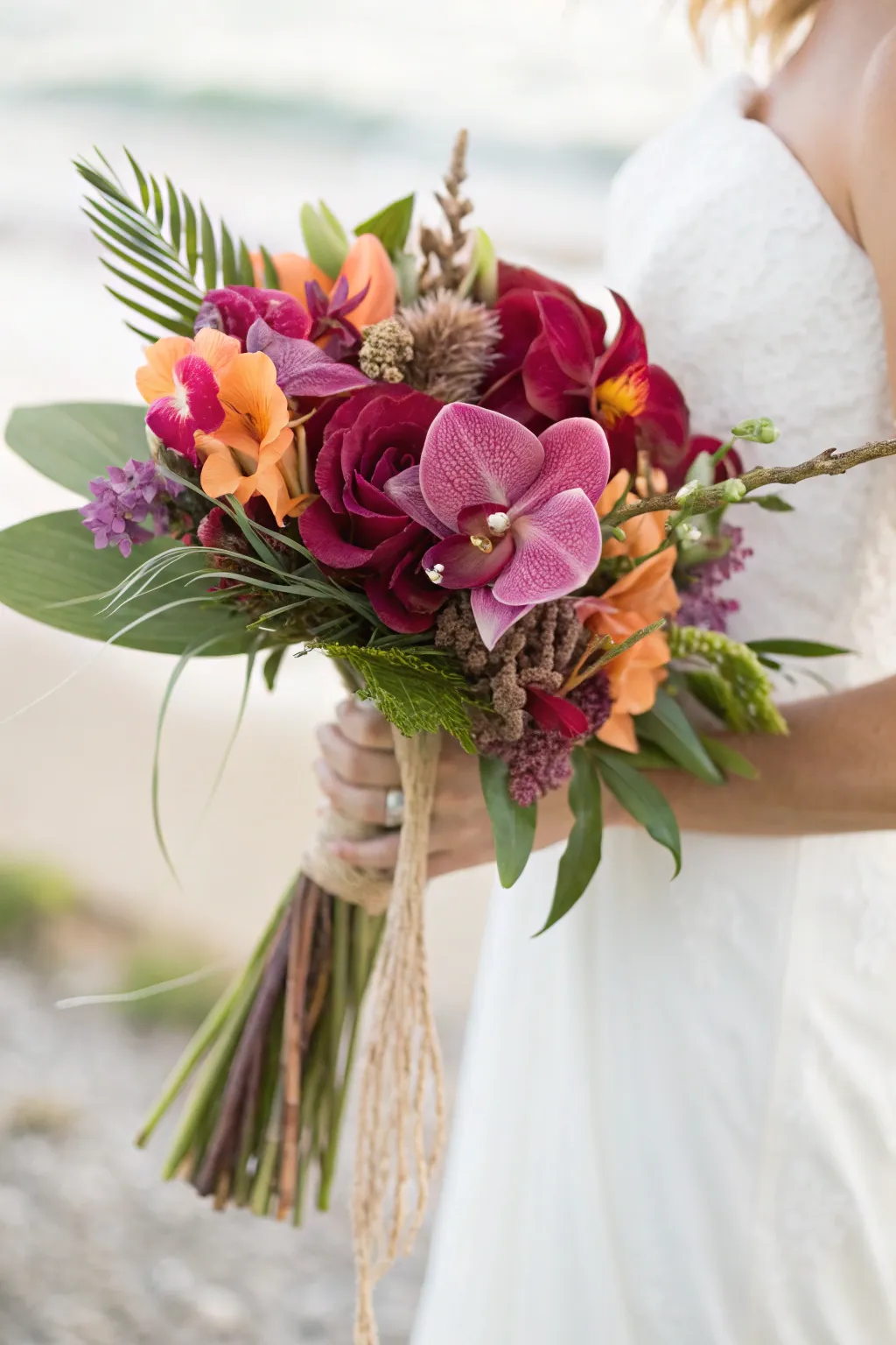Elevate your bridal style with a vibrant tropical bouquet that captures the essence of natural beauty and bohemian elegance.
