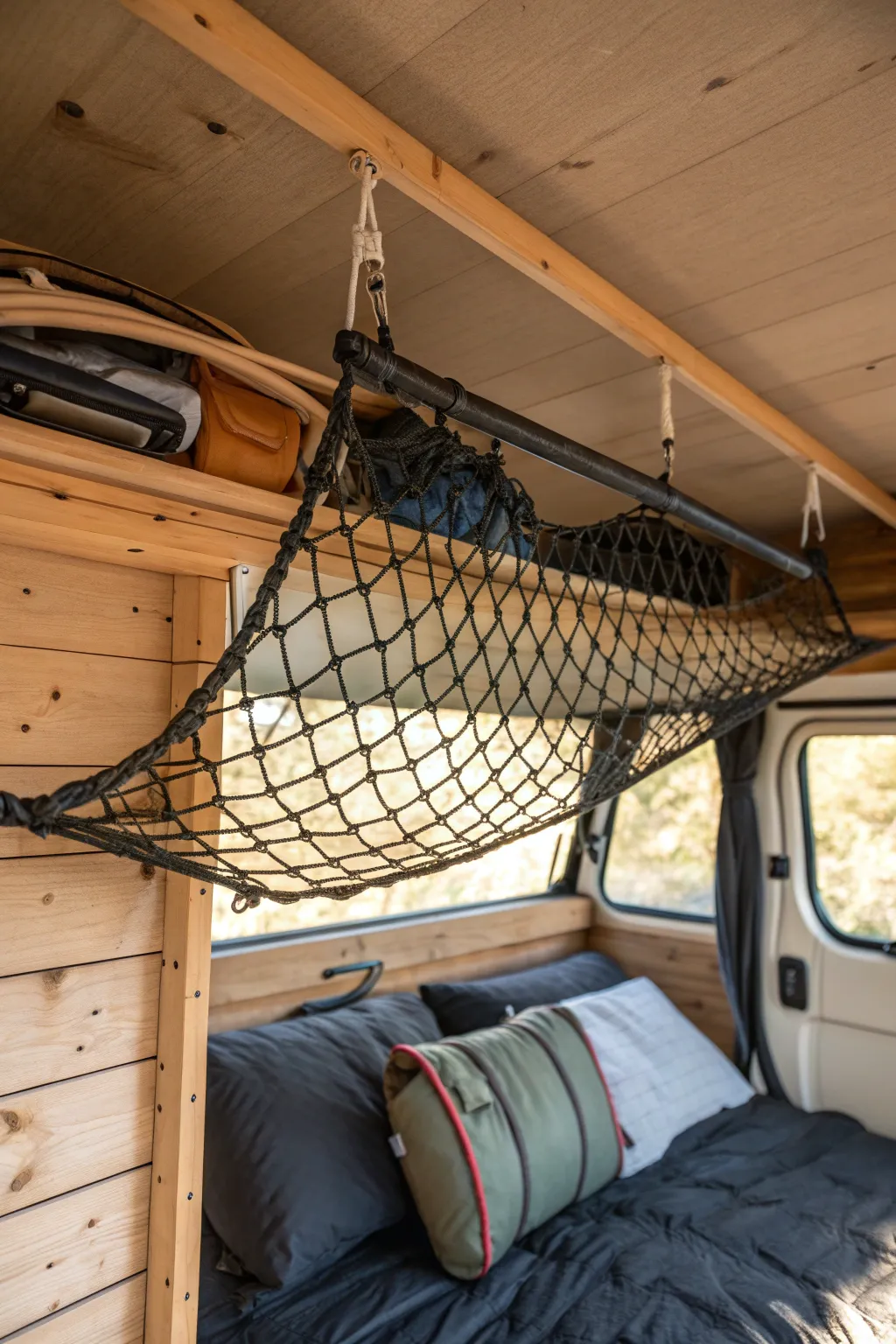 Elevate your campervan experience with handcrafted ceiling net storage—where functionality meets style.