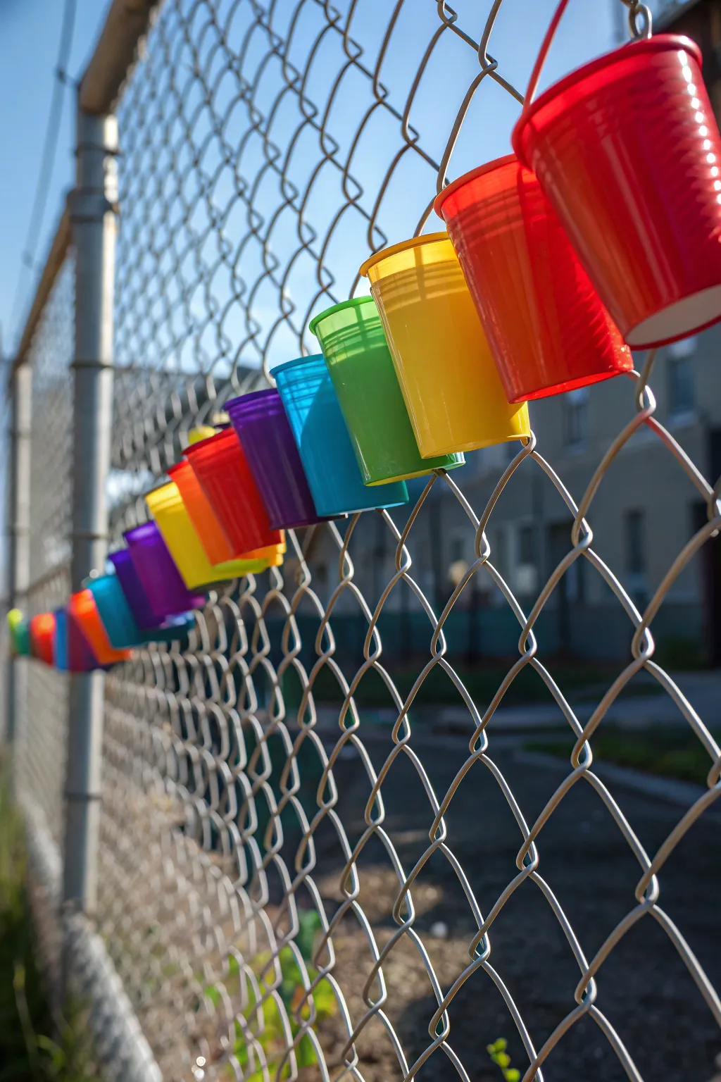 Transform your fence into a canvas of color with DIY plastic cup art.