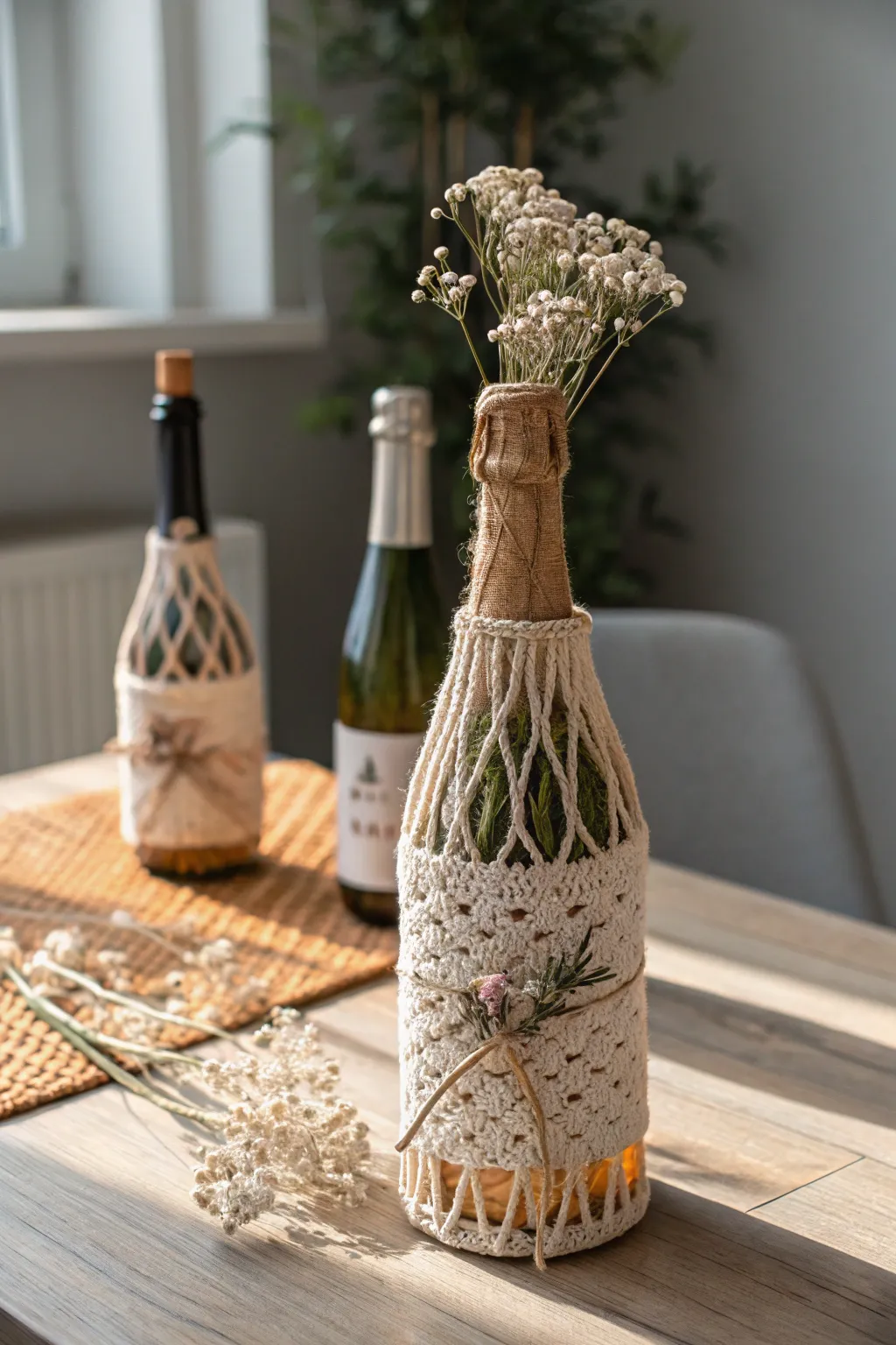 Elevate your festive gatherings with this charming DIY champagne bottle decoration, blending Scandinavian minimalism with a Boho flair.