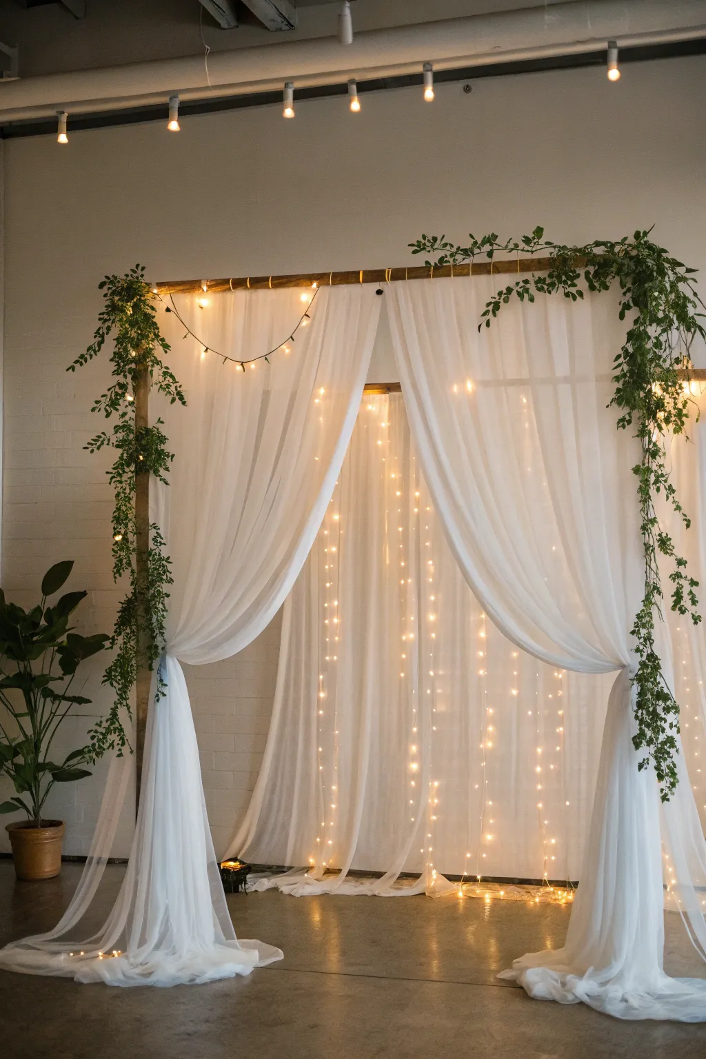 Create a magical wedding moment with this enchanting DIY backdrop of sheer curtains and fairy lights.