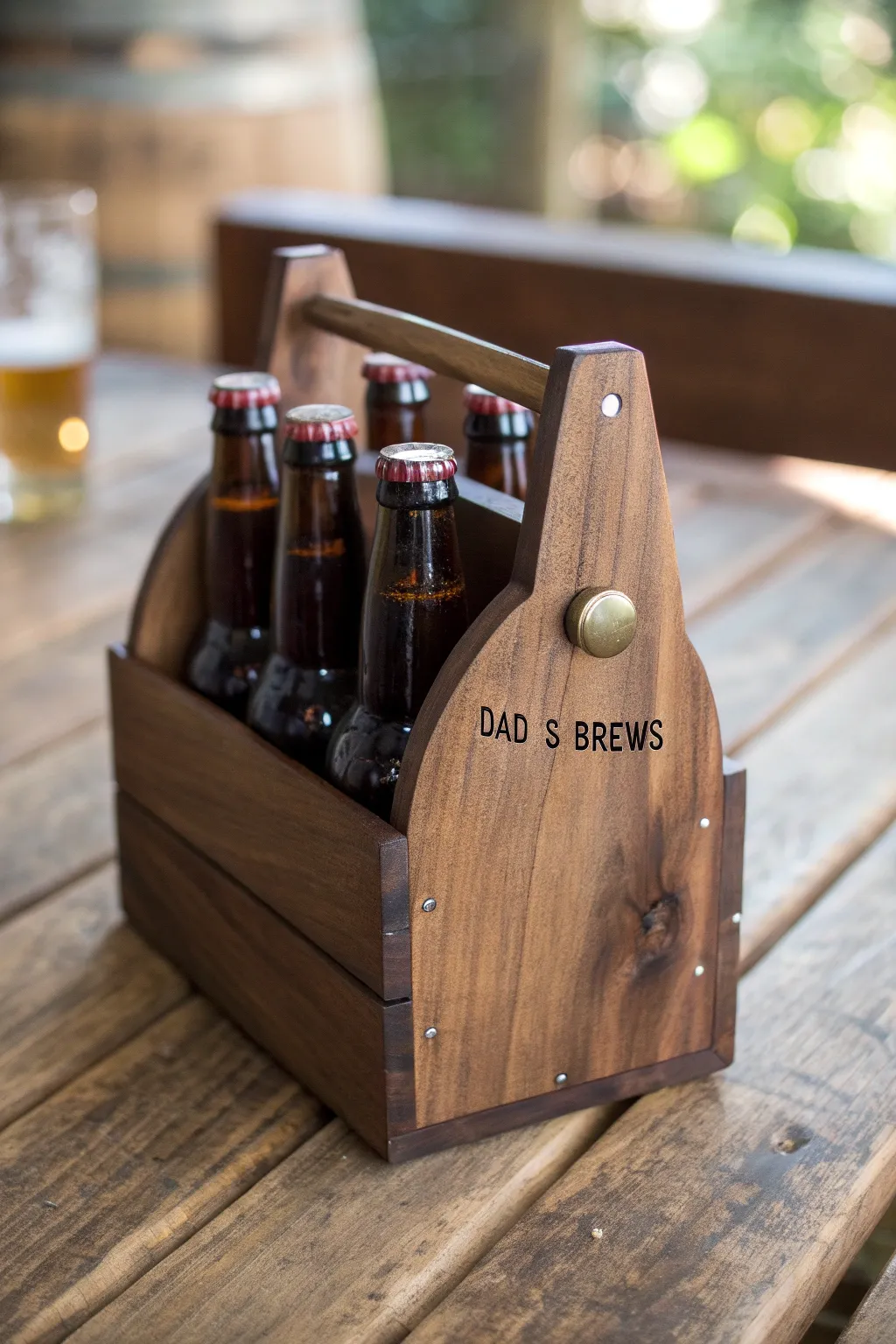 Elevate Dad's brew game with this handcrafted wooden beer holder, a perfect blend of style and functionality.