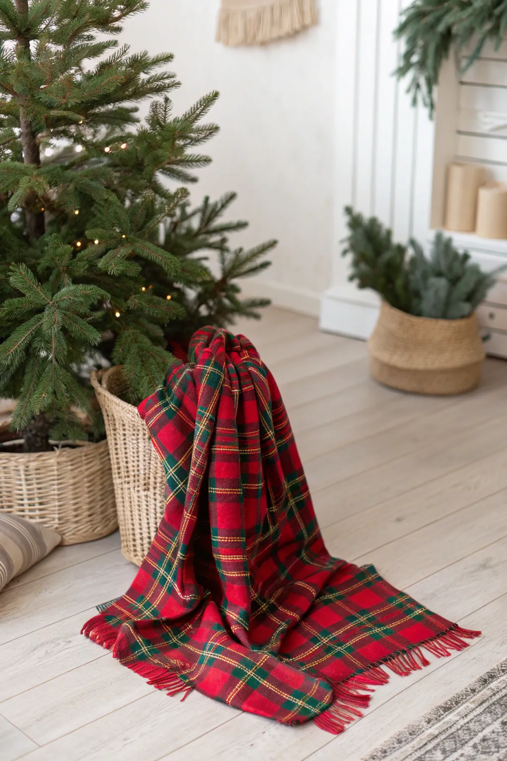 Elevate your holiday decor with the warmth and charm of a plaid-wrapped tree base.