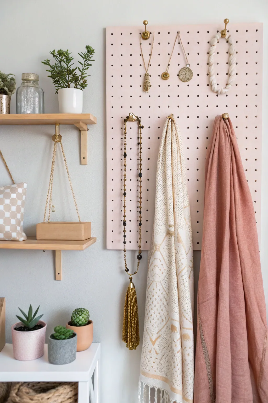 Transform your closet with a stylish pegboard wall—where functionality meets minimalist elegance.
