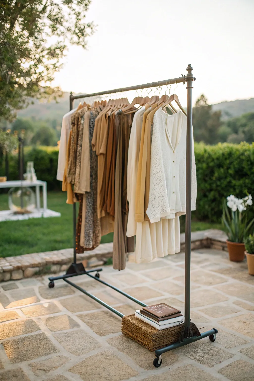 Elevate your yard sale with this stylish double-sided clothes rack, perfect for showcasing your treasures with minimalist elegance.