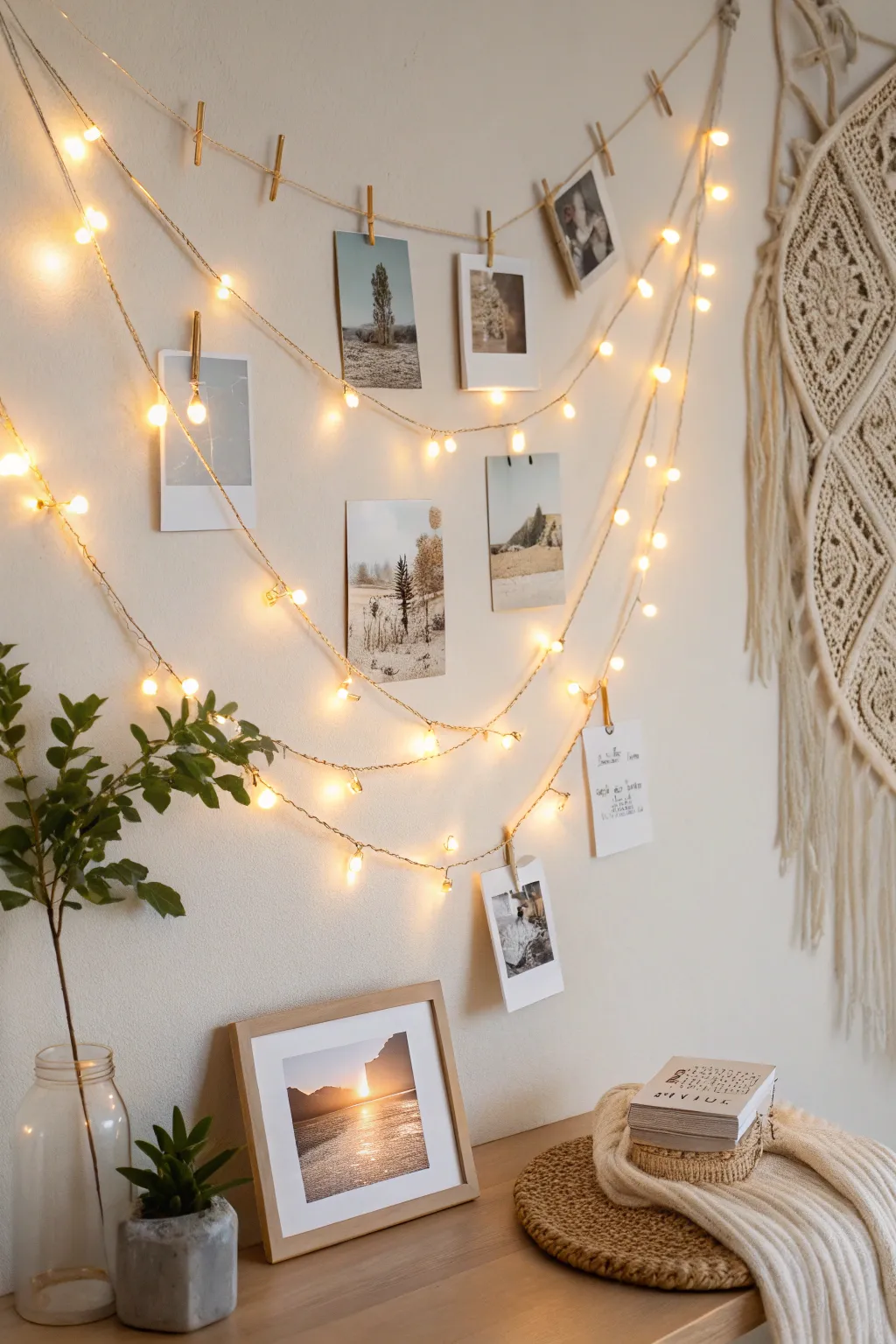 Illuminate your space with a magical string light collage, blending minimalism and boho charm for a dreamy ambiance.