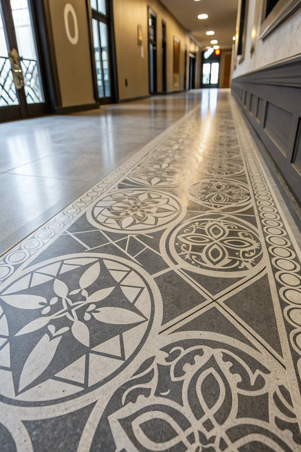 Elevate your space with artistic stenciled concrete floors that blend style and craftsmanship.