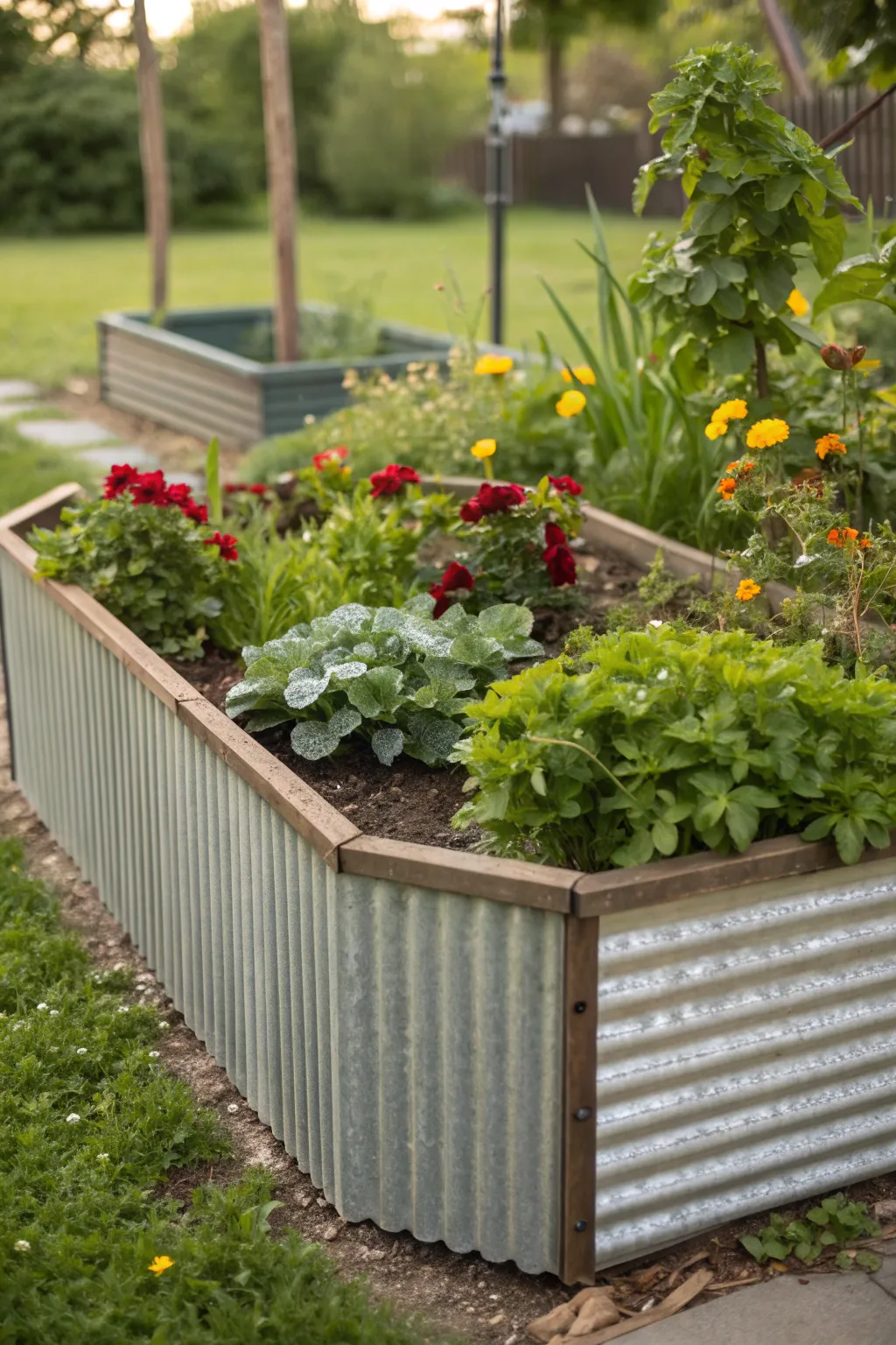 Elevate your garden's style with the striking geometry of corrugated metal raised beds.