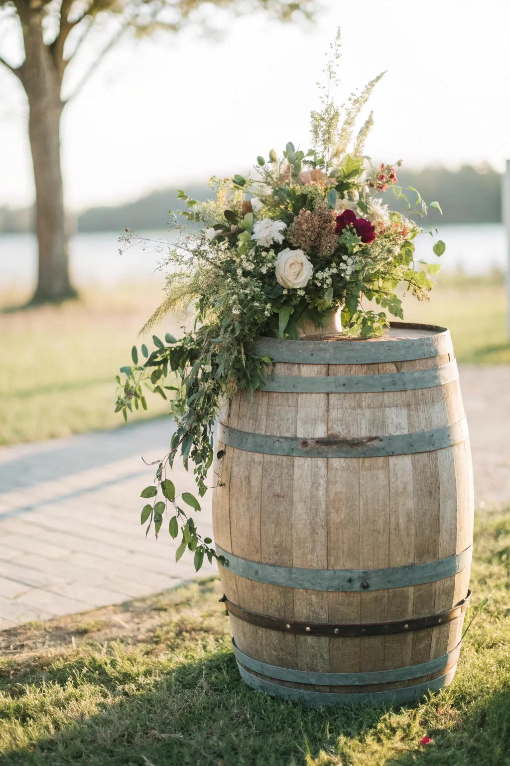 Elevate your rustic wedding décor with floral embellished barrels – where simplicity meets natural beauty.