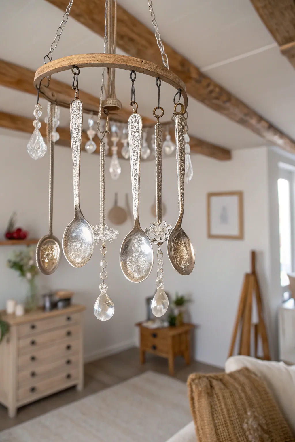 Elevate your space with a touch of whimsy: Vintage spoons meet crystal elegance in this DIY chandelier masterpiece.