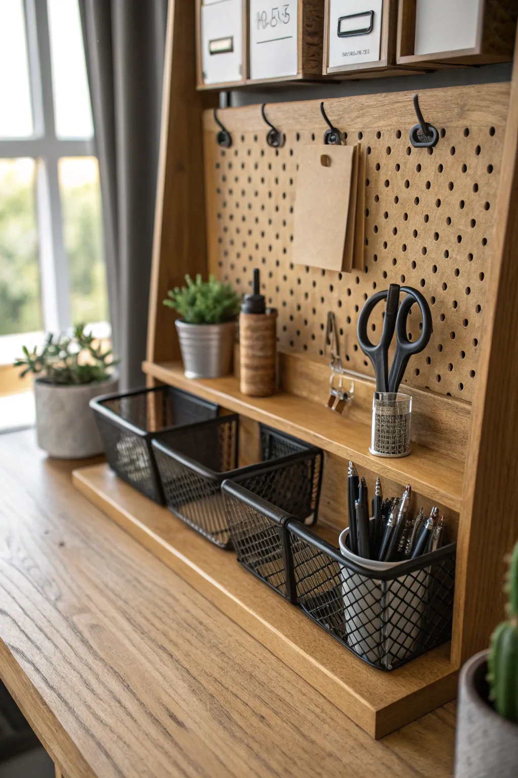 Transform your workspace with a pegboard-backed desk hutch, blending functionality and craftsmanship.