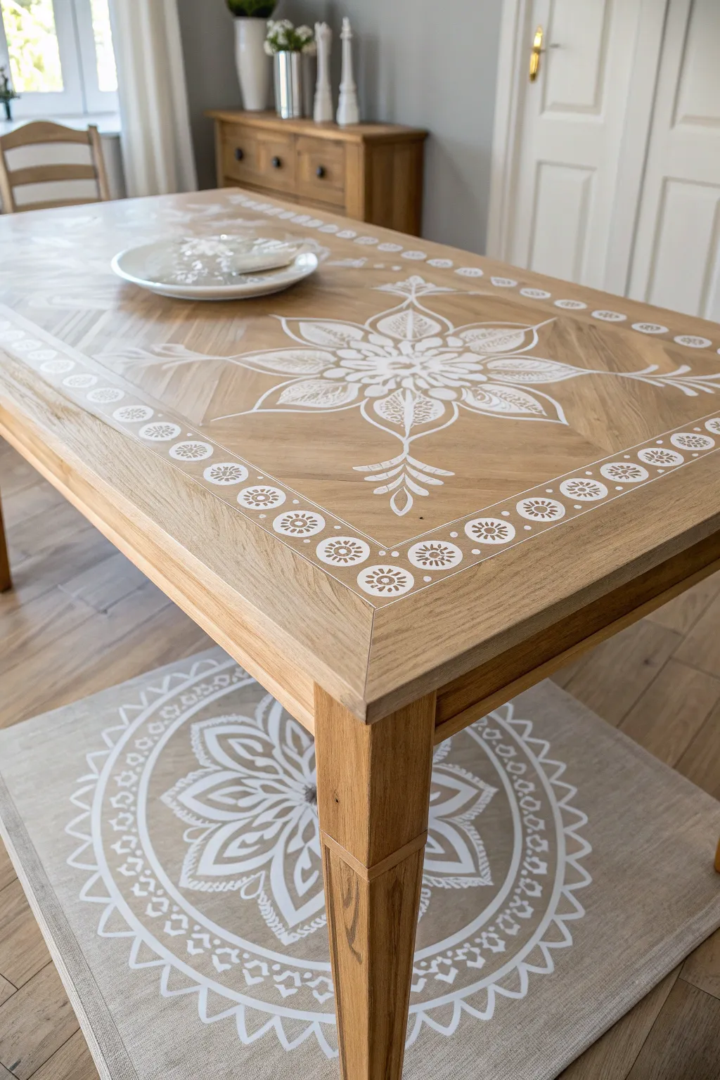 Transform your dining space with stunning stenciled artistry—where simplicity meets elegance.