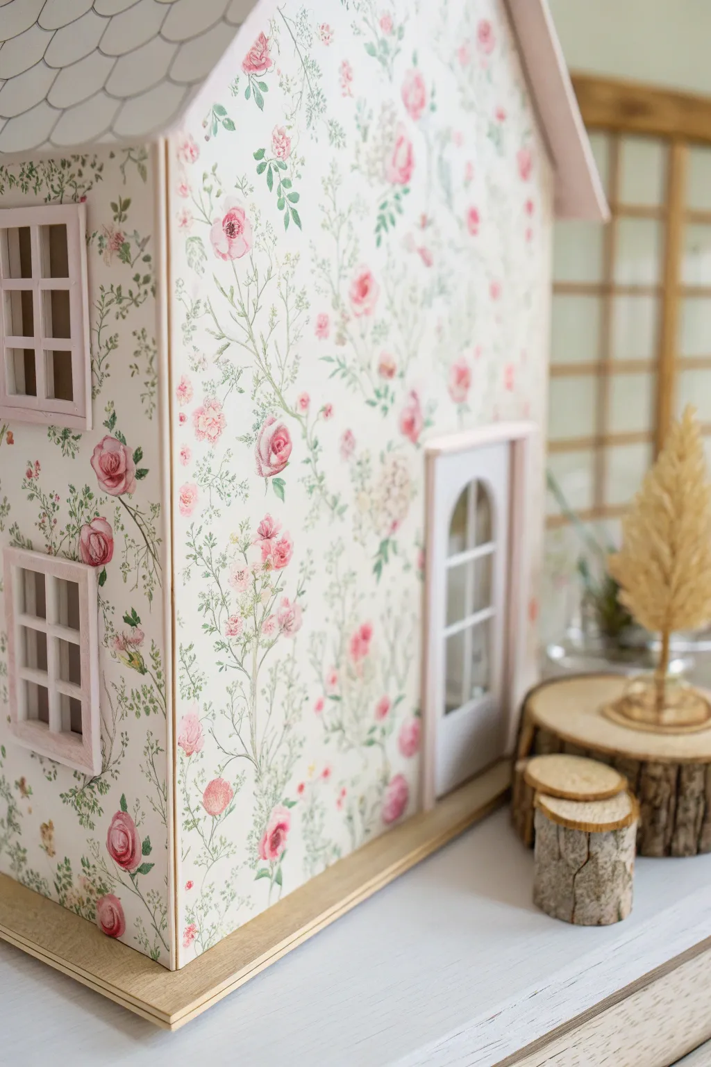 Transform your dollhouse with dreamy DIY wallpaper using leftover scrapbook paper for a touch of whimsical charm.