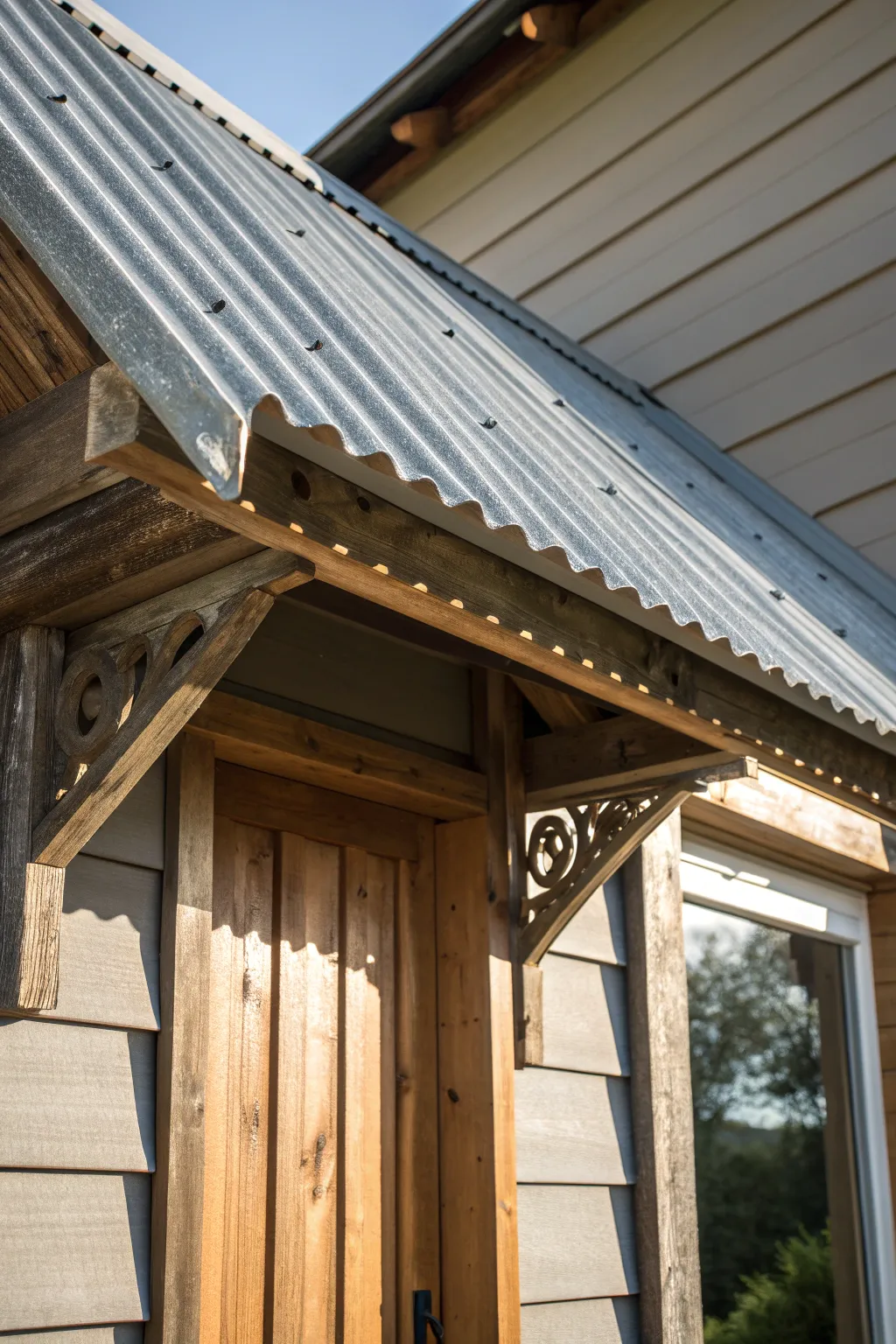 Embrace rustic elegance with a corrugated metal roof overhang - where craftsmanship meets charm.