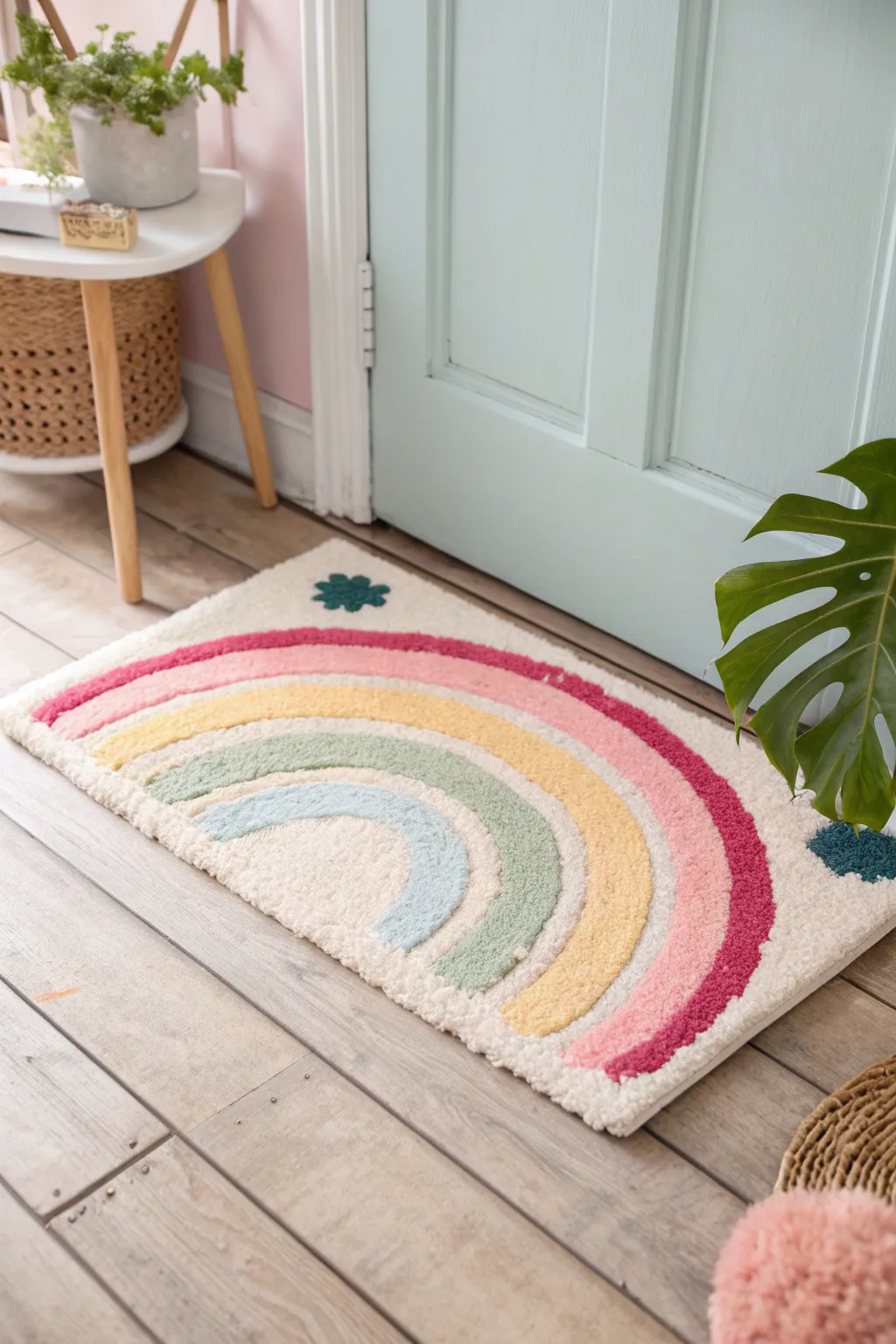 Brighten your entryway with a charming rainbow doormat that brings a splash of color to every step.