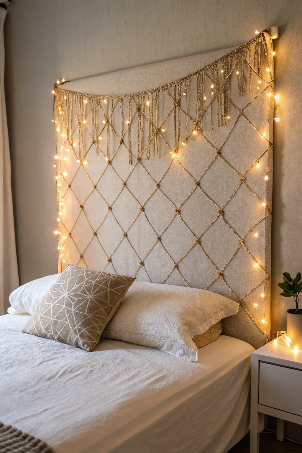 Transform your dorm with the enchanting glow of string lights woven into a fabric headboard. A touch of magic for your study sanctuary.