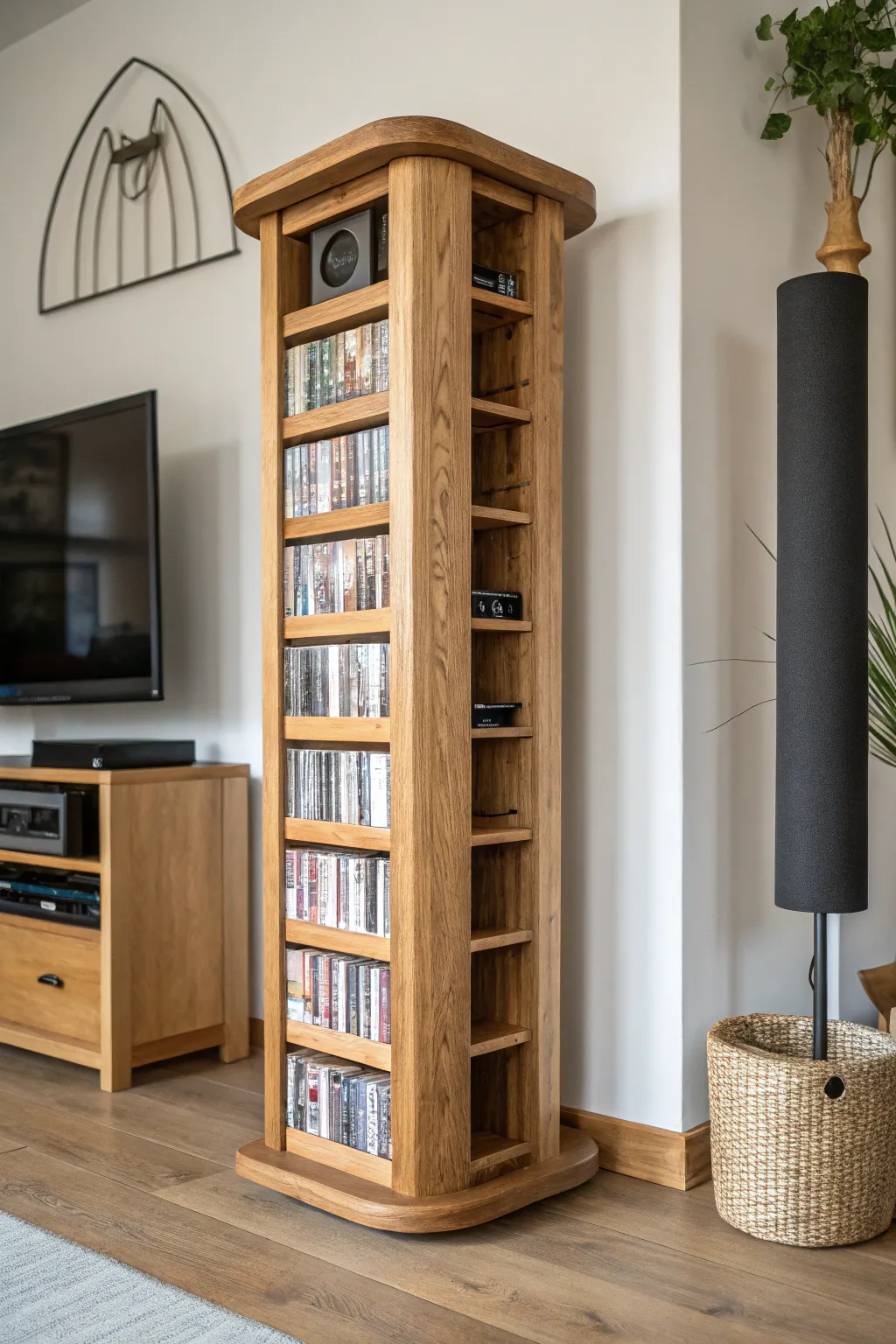 Space-saving elegance: Discover the beauty of handcrafted rotating DVD racks.