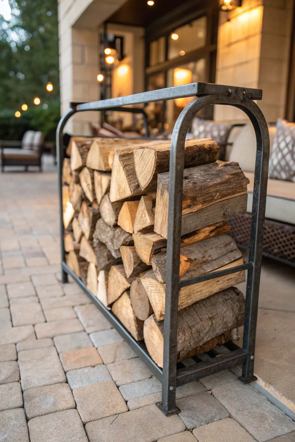 Turn an old bed frame into a stylish firewood rack – a touch of industrial charm for your outdoor space!