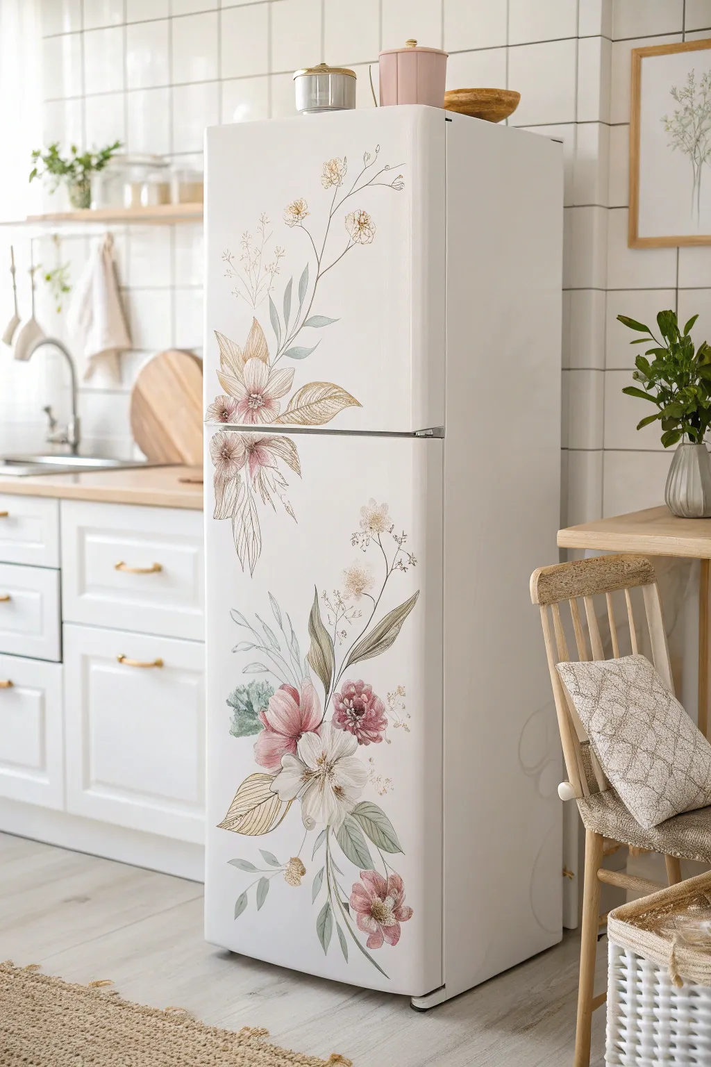 Transform your kitchen with enchanting floral decals for a fridge makeover that's both simple and stunning!