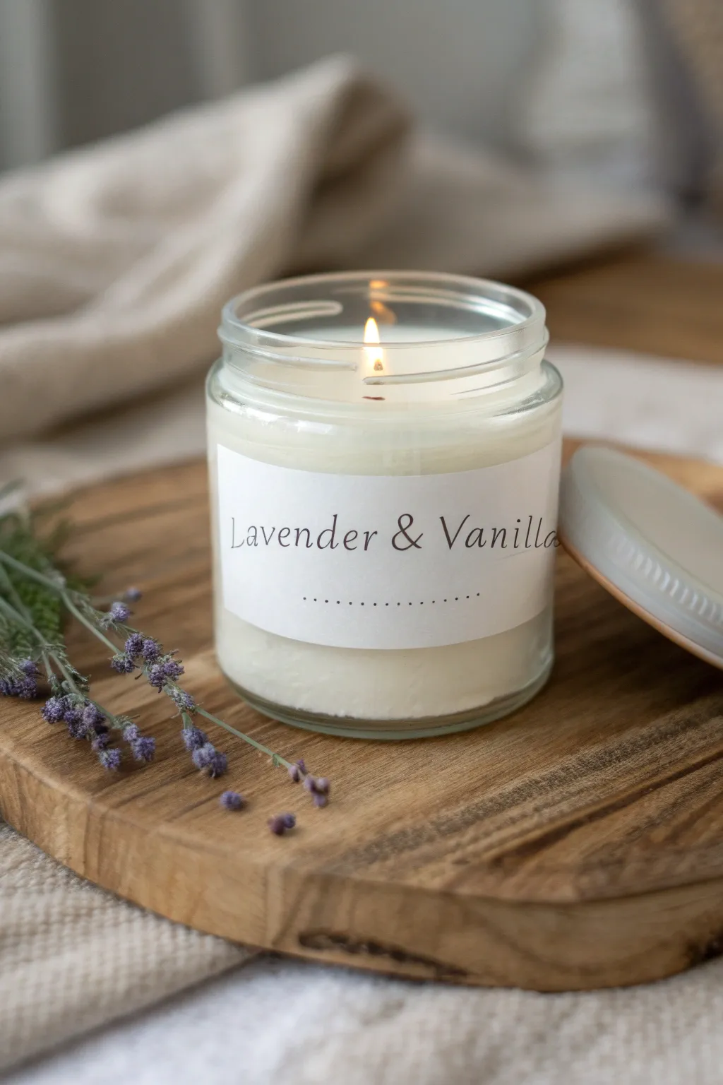 Craft serenity with a personalized touch: Lavender & Vanilla soy candle for a calming Mother's Day gift.
