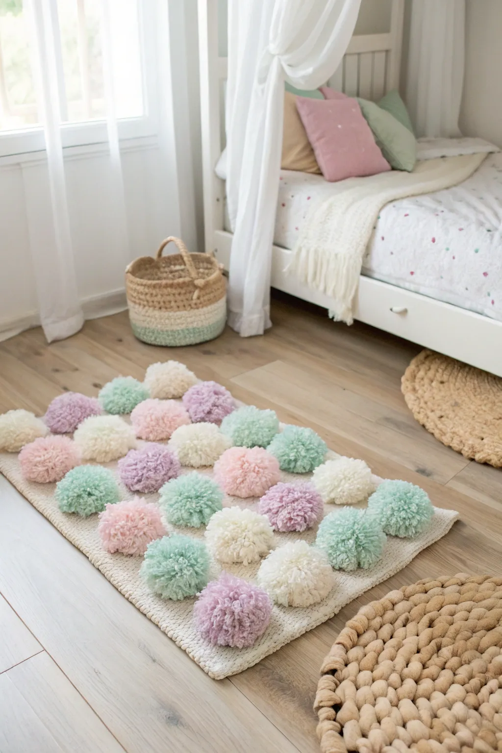 Step into softness with this DIY pom-pom rug, the perfect blend of creativity and comfort for any girl's room.