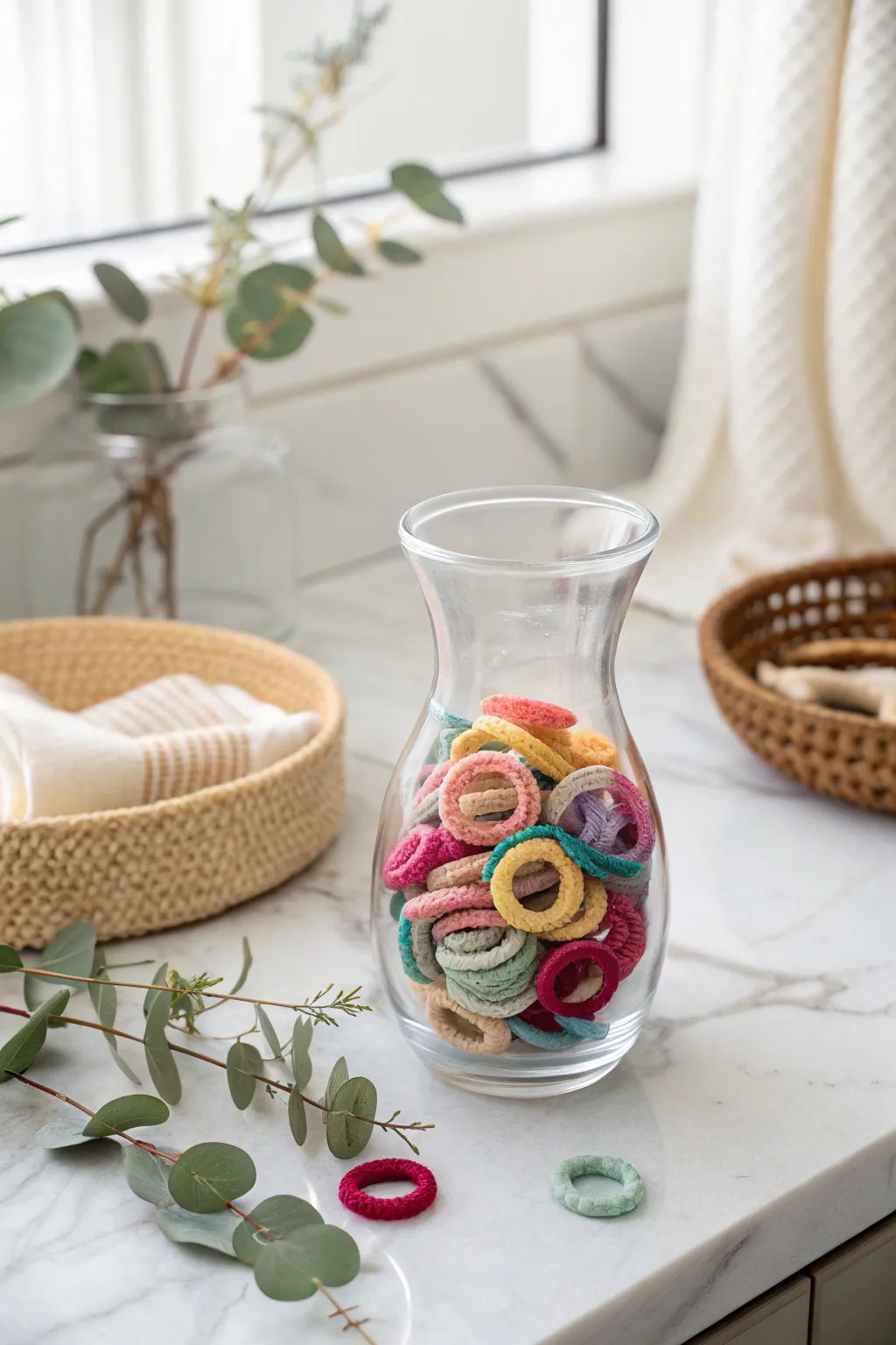 Elevate your bathroom decor with this chic glass vase hair tie holder. #MinimalistBeauty #BohoElegance