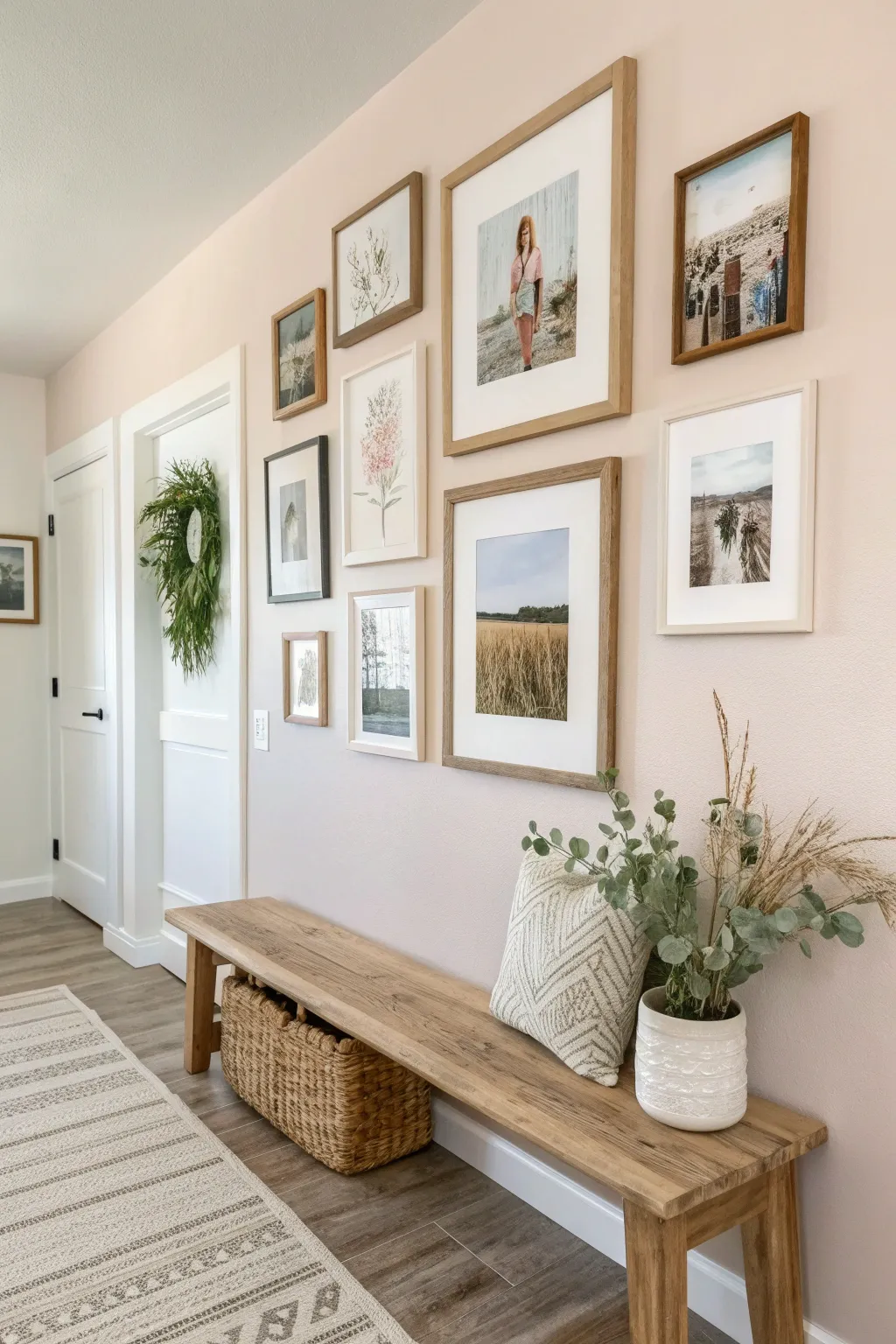 Transform your hallway into a serene gallery with a curated mix of memories and art. #HallwayMagic #ScandiBoho