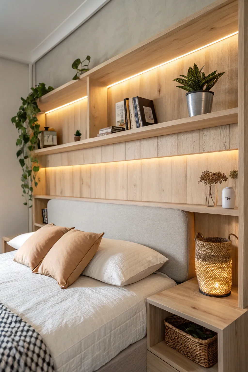 Illuminate your space with the perfect blend of Scandinavian minimalism and boho charm—discover the magic of integrated lighting in your DIY headboard.