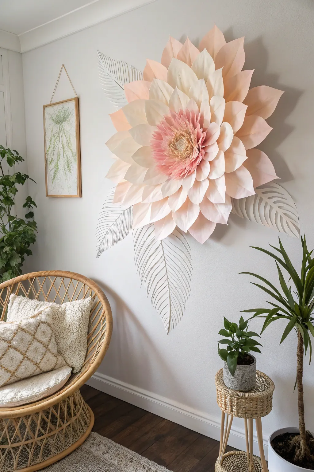 Bring the beauty of a garden indoors with a stunning paper flower that adds a touch of elegance and charm to any wall.