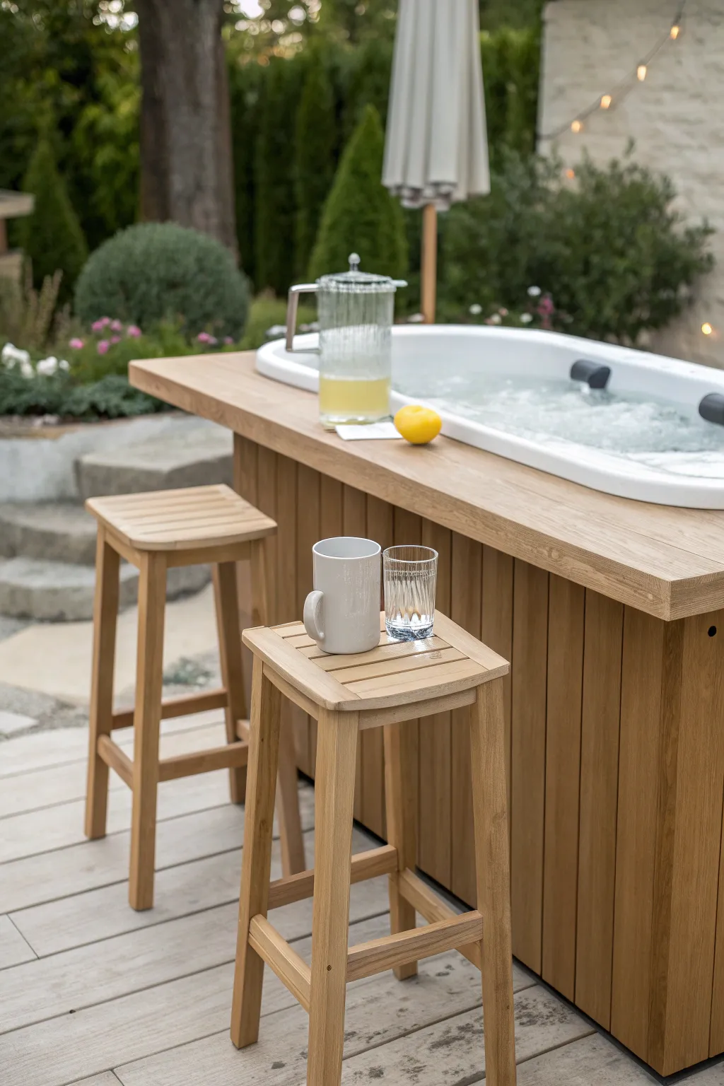 Elevate your backyard gatherings with a minimalist hot tub bar setup – where simplicity meets sophistication.