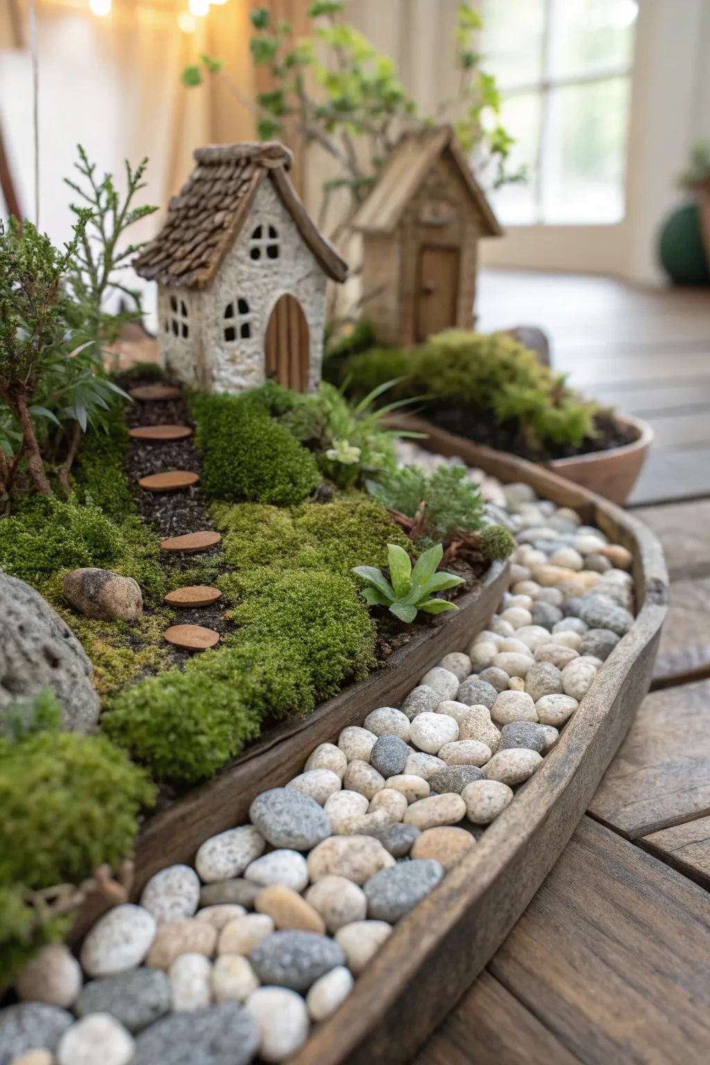 Create whimsical pathways for your indoor fairy garden using charming pebbles, and bring a touch of magic into your home.