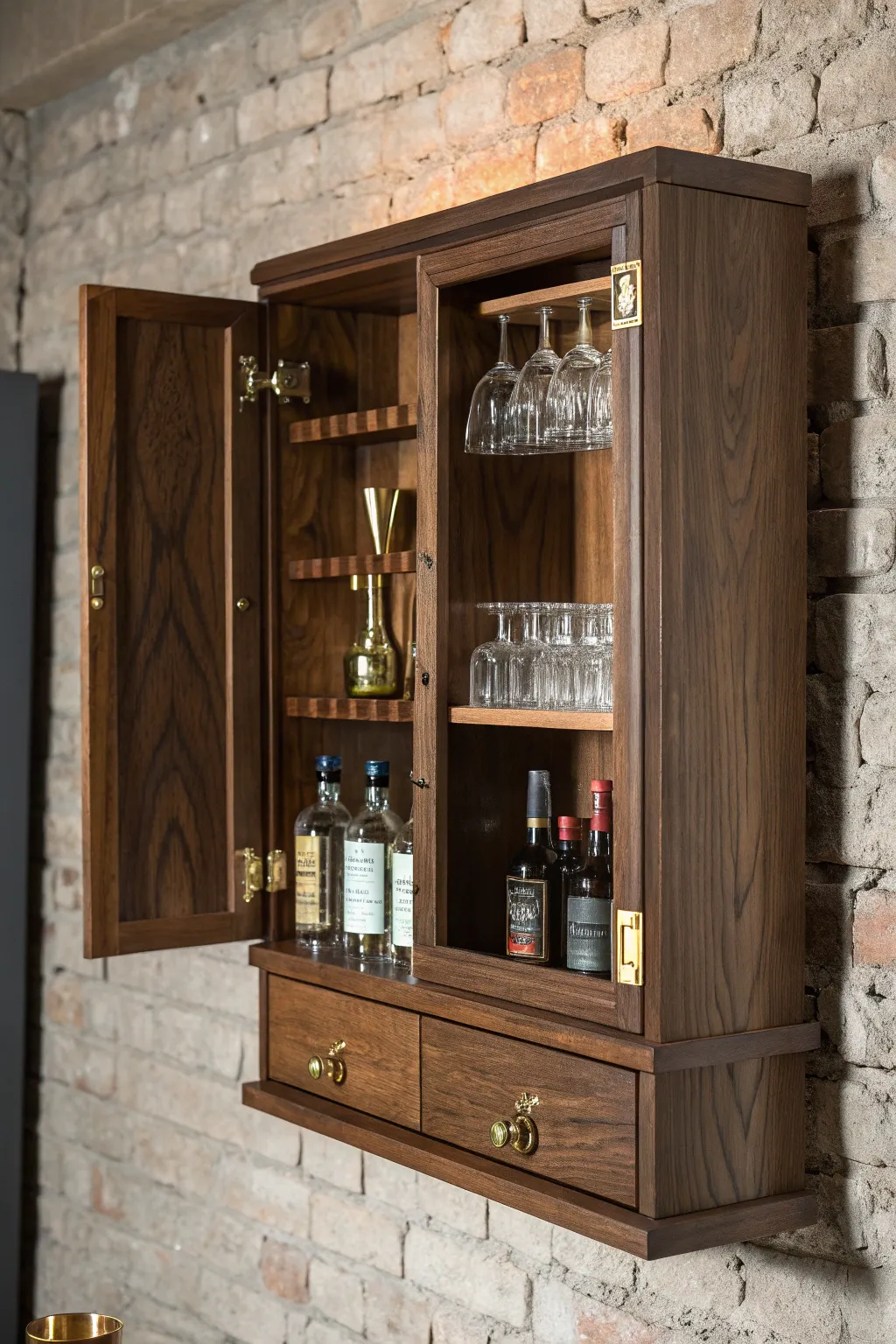 Elevate your space with this handcrafted wall-mounted liquor cabinet, where style meets functionality.
