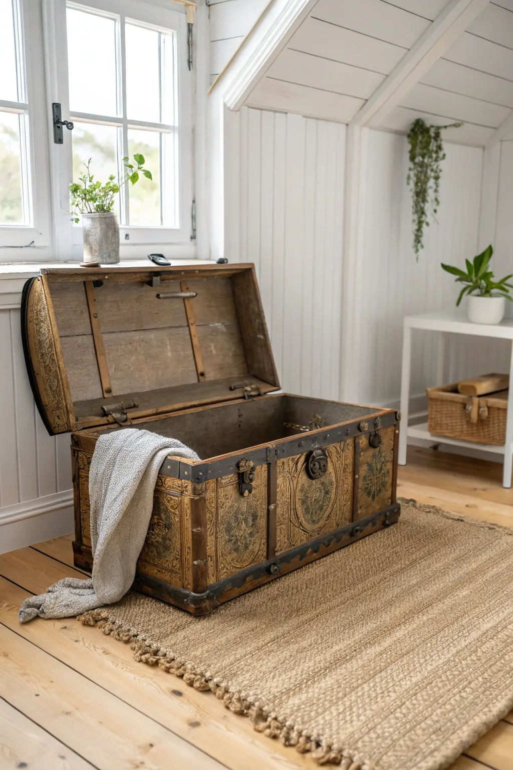 Transform your space with a vintage trunk that cleverly conceals your cat's litter box while adding rustic elegance to your decor.