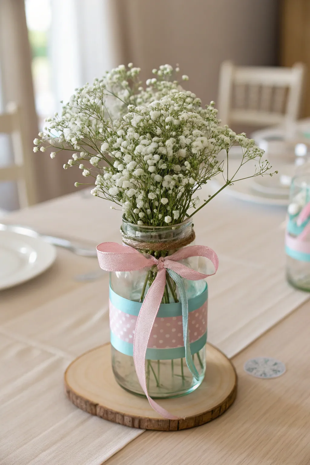 Add a touch of charm to your baby shower with this simple yet stunning mason jar centerpiece.