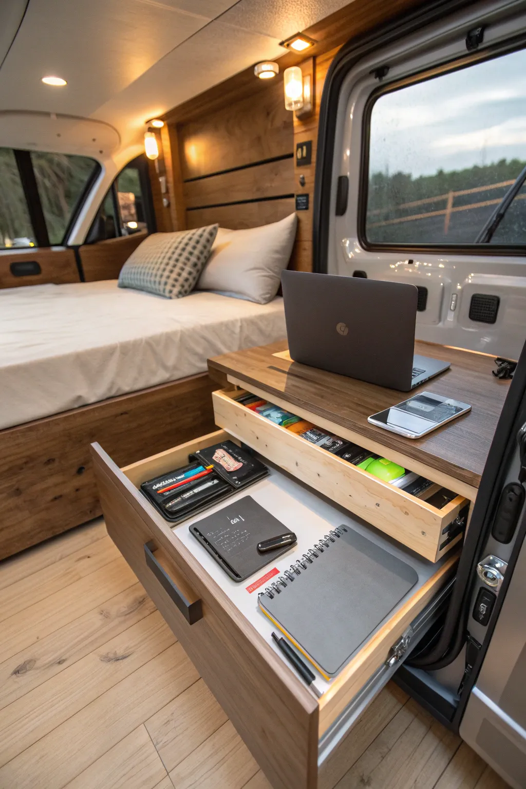 Discover the art of organization with hidden storage solutions for your DIY mobile office van.